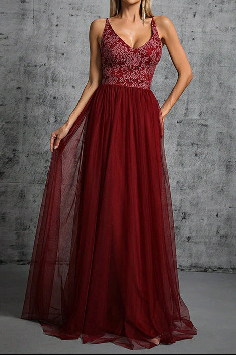 v-neck floral emdroidery patchwork tulle maxi dress in burgundy