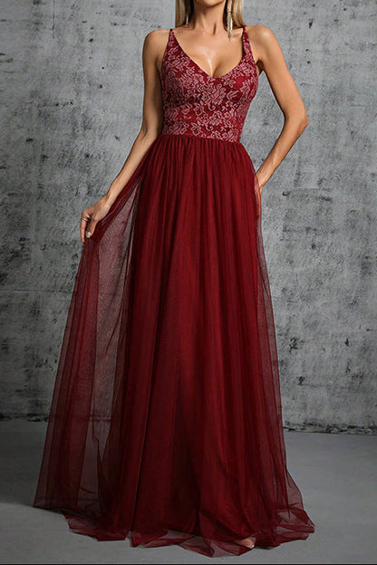 v-neck floral emdroidery patchwork tulle maxi dress in burgundy