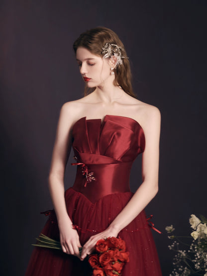 flower embellished strapless maxi dress in claret