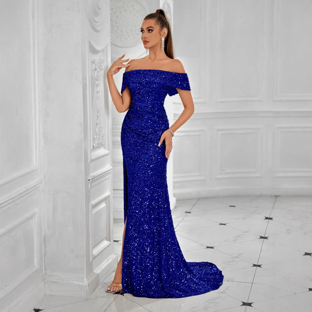 banquet one-line neck slim slimming sequin dress long skirt