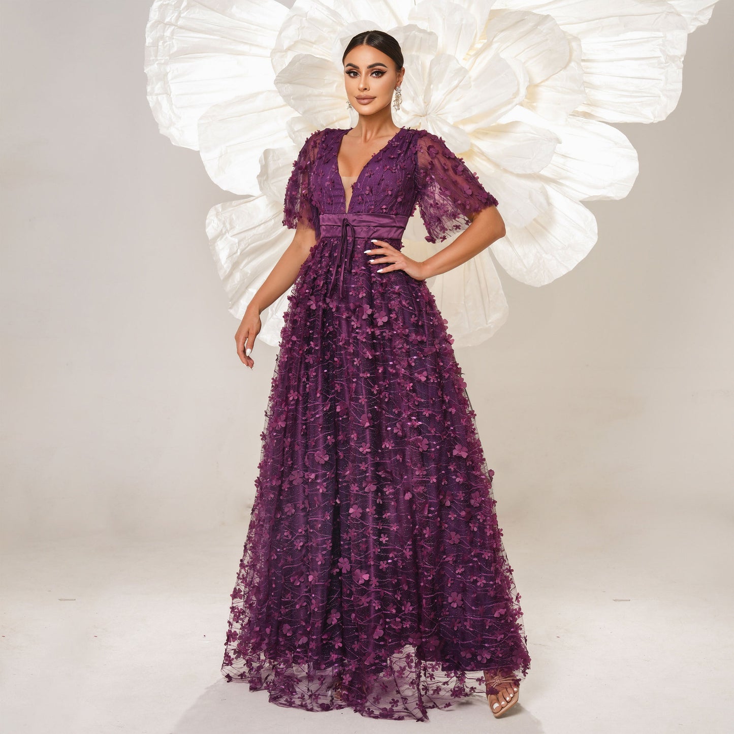 v-neck flower embroidery maxi dress in purple