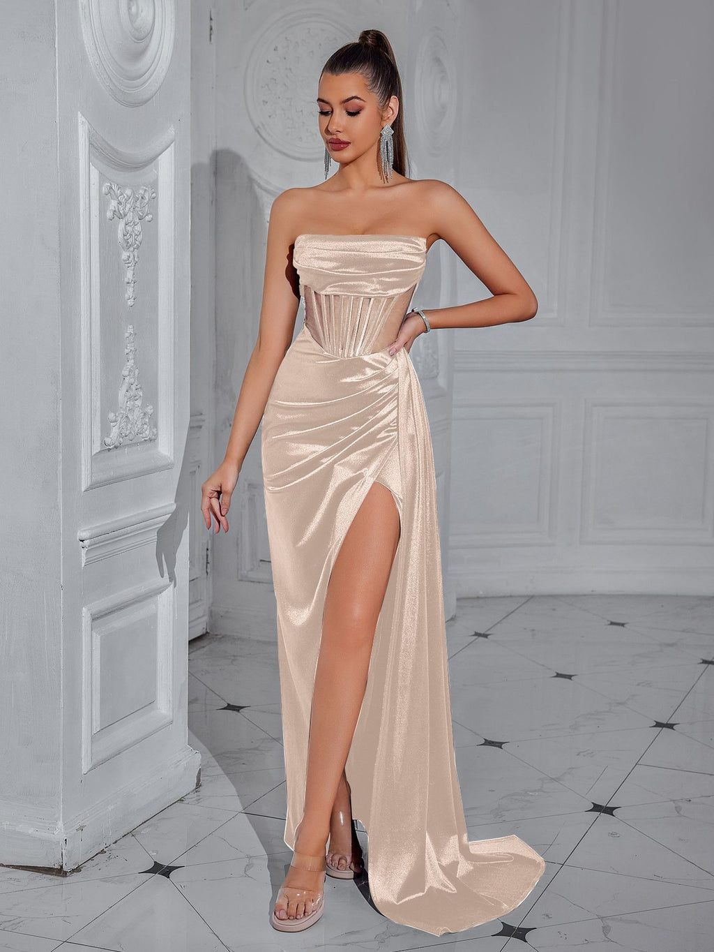 giselle off-shoulder Fishbone slit maxi dress