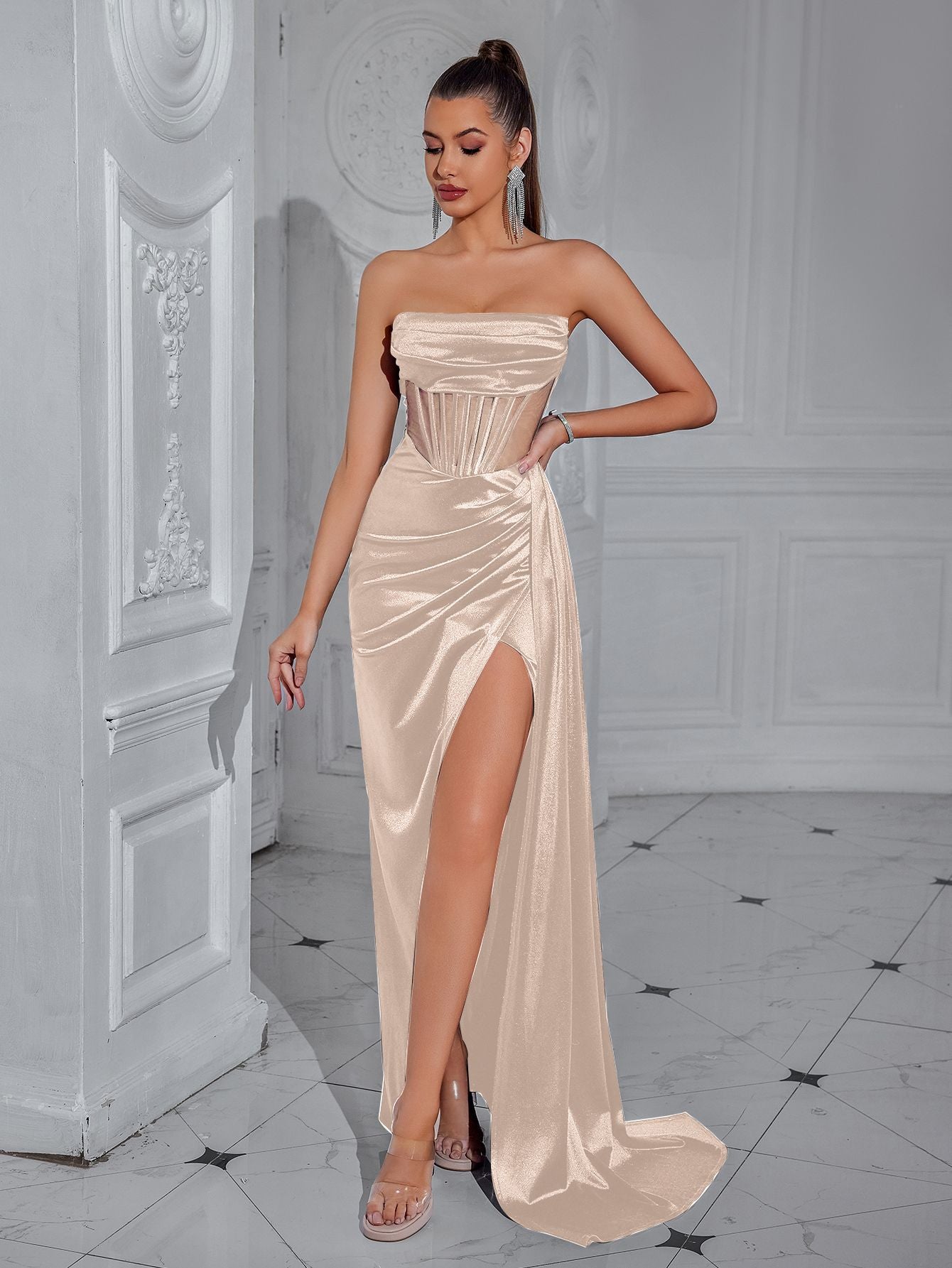 giselle off-shoulder Fishbone slit maxi dress