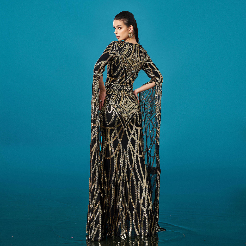 black gold Long-sleeved round-neck hip-wrapped mermaid evening dress