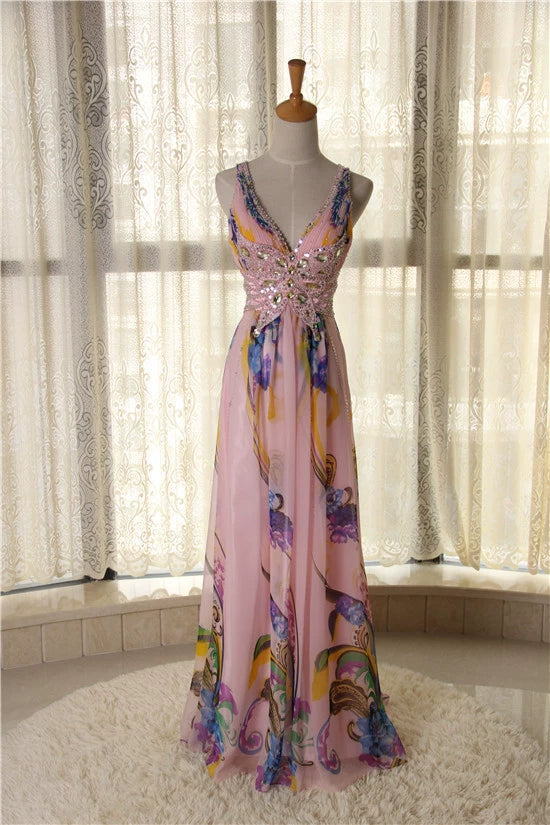 Pink printed open back long beaded maxi dress