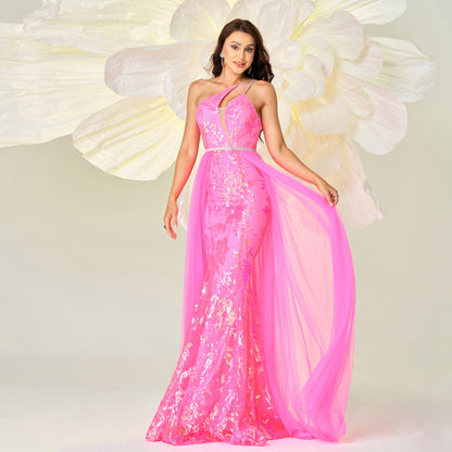 One-shoulder asymmetrical neckline sequined mesh dress