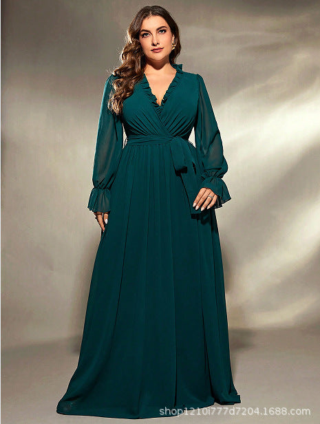 wendy v neck long sleeve chiffon maxi dress in green