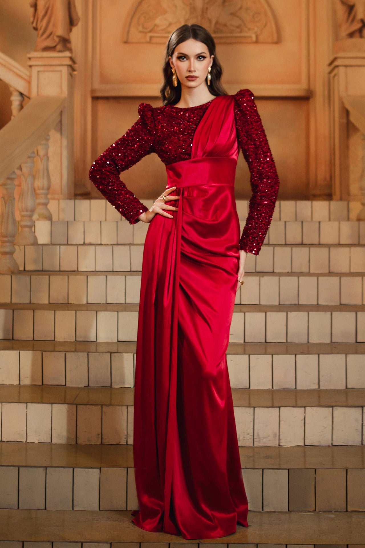 calista sequin stain maxi dress in burgundy