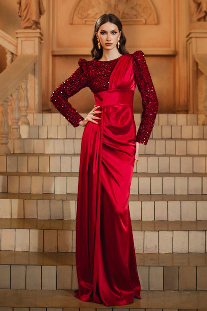 calista sequin stain maxi dress in burgundy