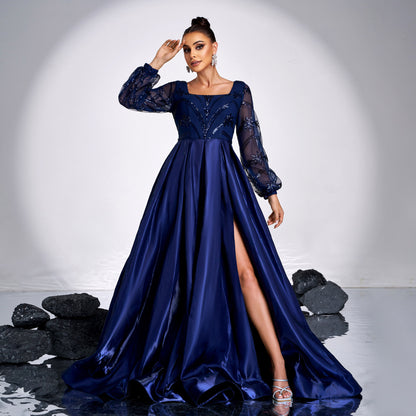 Long-sleeved square-neck sequined maxi dress