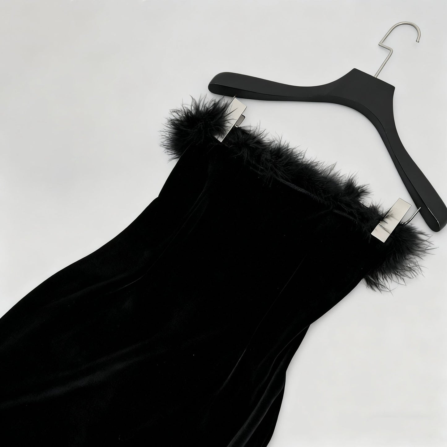 samantha feather velvet strapless mini dress in black
