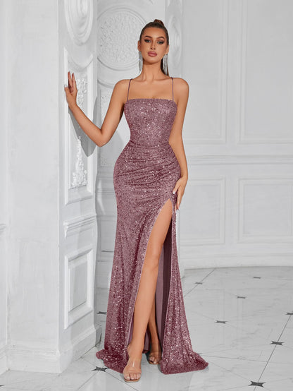 erica sequin pleated slim maxi dress