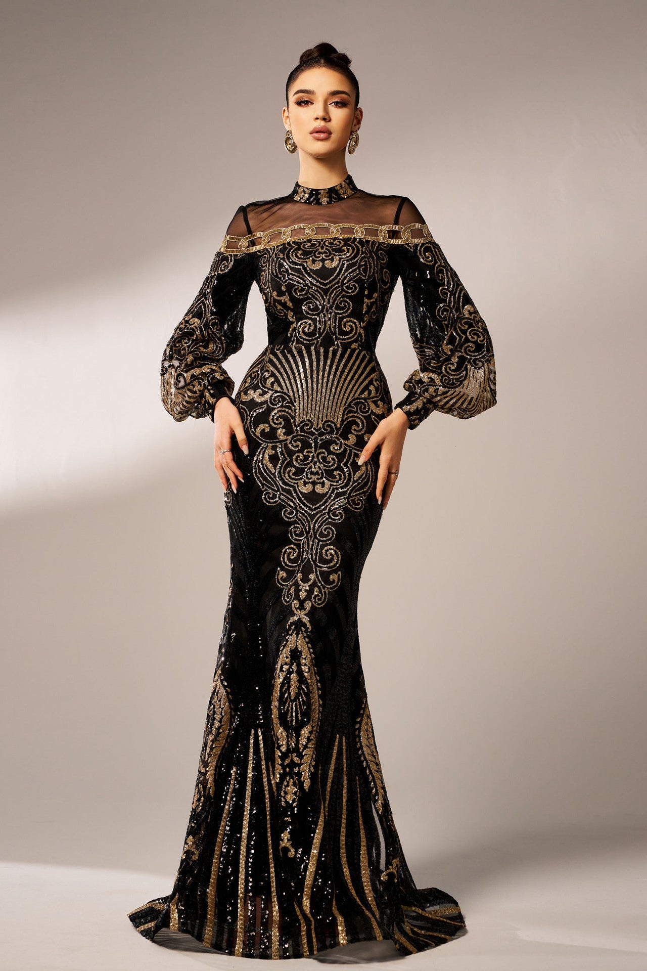 lily Round neck long sequined mesh fishtail evening dress