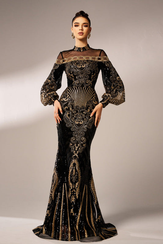 lily Round neck long sequined mesh fishtail evening dress