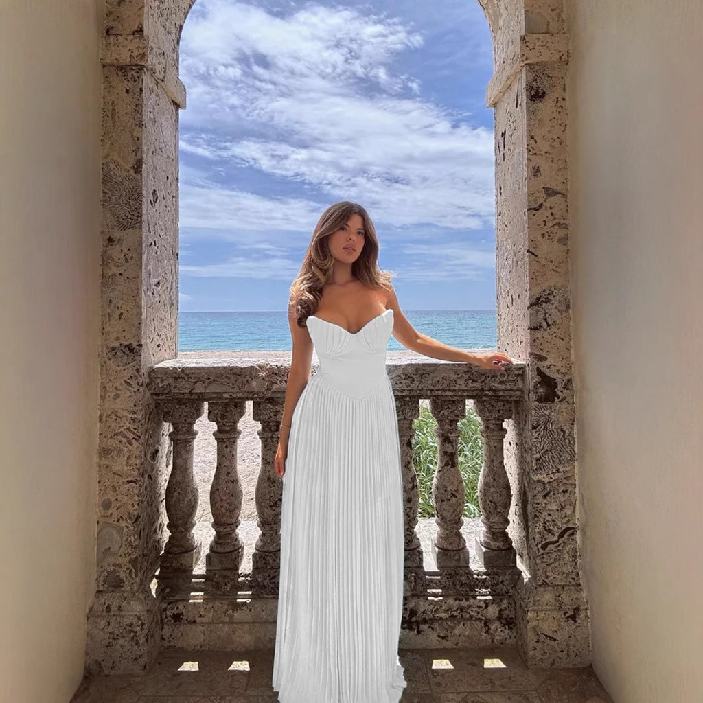 V-neck pleated bandeau long skirt slim back open dress