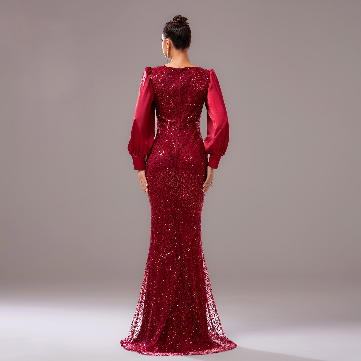 winifred sequin embellished lantern sleeve maxi dress  in burgundy