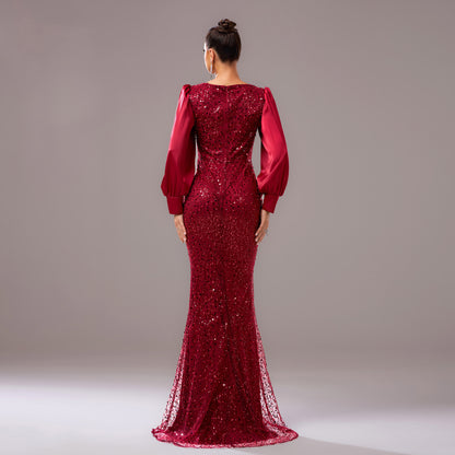 winifred sequin embellished lantern sleeve maxi dress  in burgundy