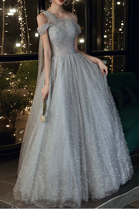 Dusty Blue one-shoulder pearl maxi tulle evening dress