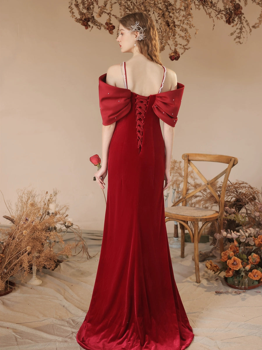 off-shoulder shawl maxi dress in Burgundy