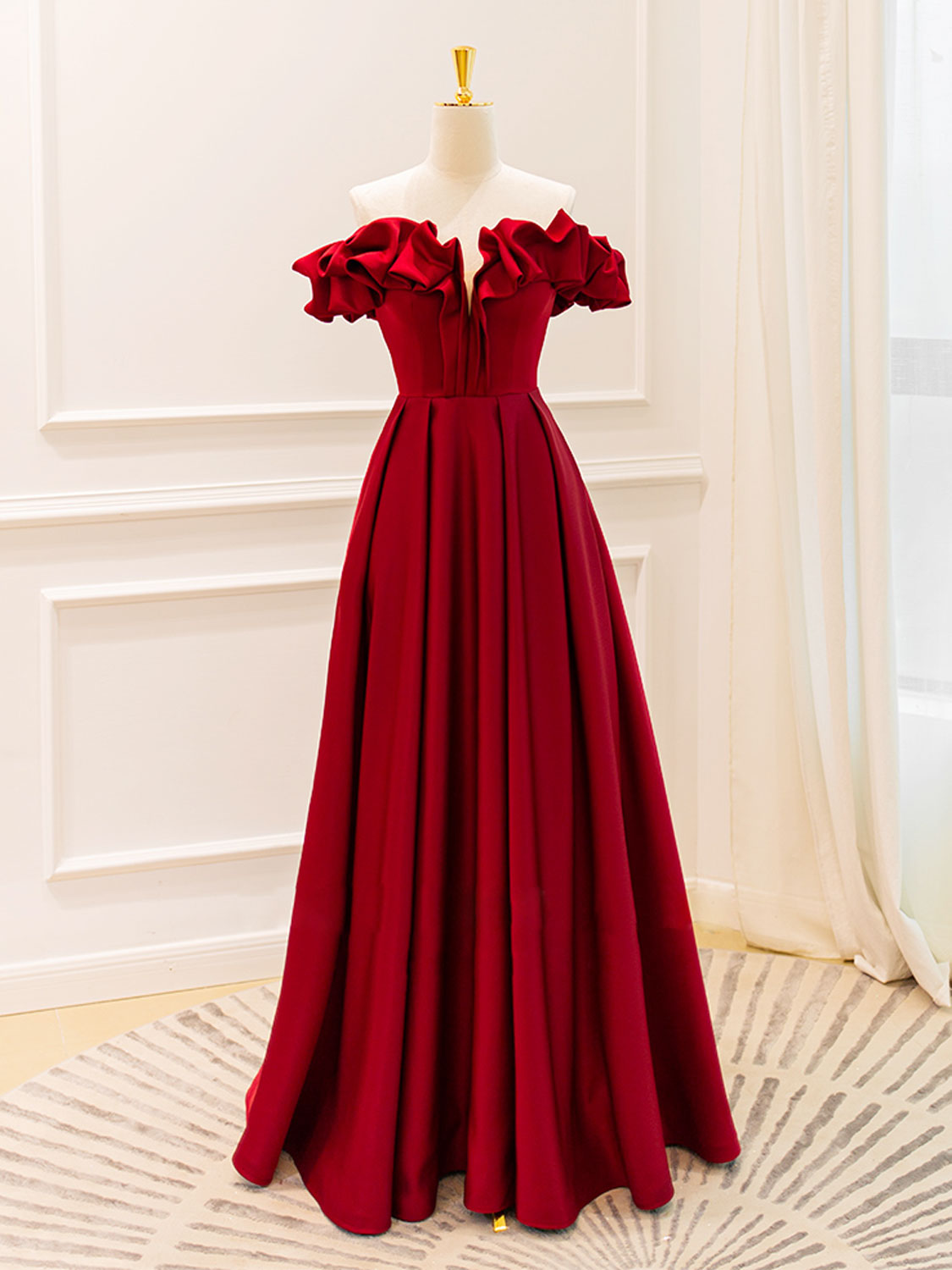 A-Line Off Shoulder Satin Burgundy Dress