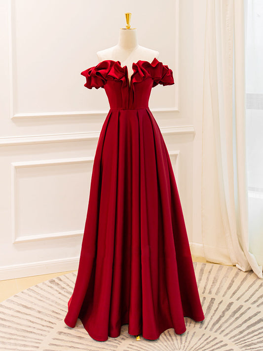 A-Line Off Shoulder Satin Burgundy Dress