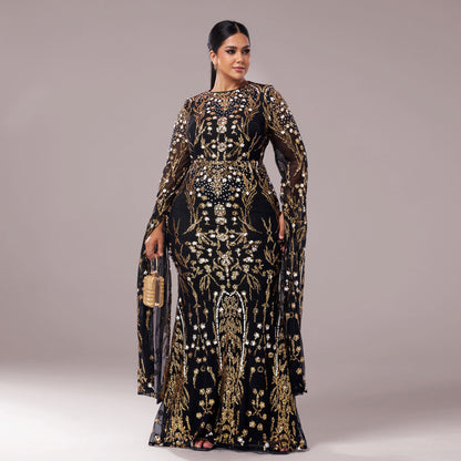 Long-sleeved round neck sequined fishtail dress