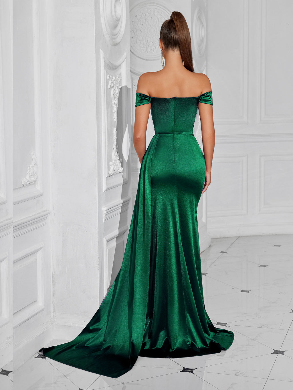 edith off shoulder satin pleated backless maxi dress