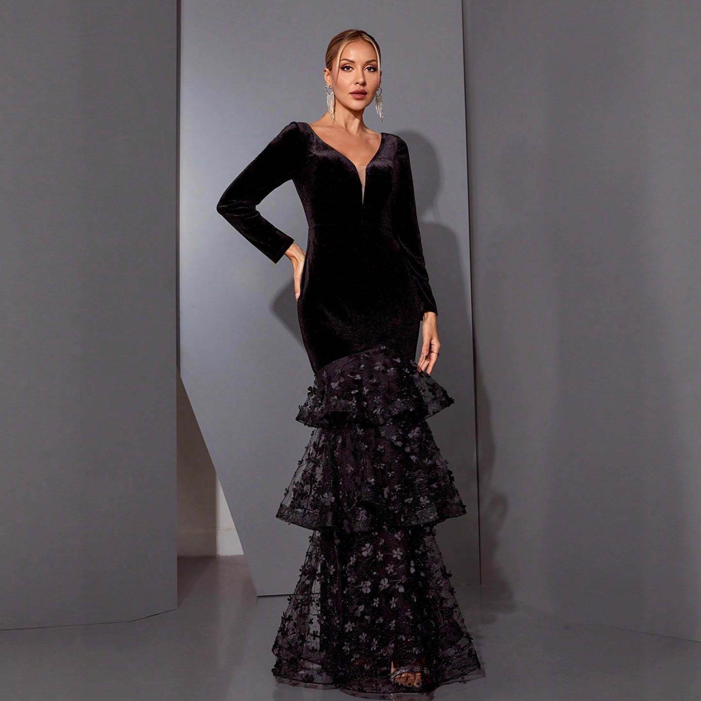 long sleeve floral embroidery hem velvet maxi dress in black