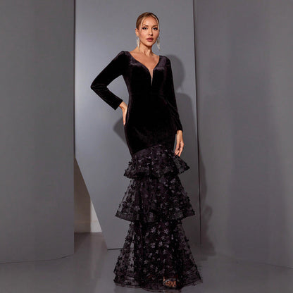 long sleeve floral embroidery hem velvet maxi dress in black