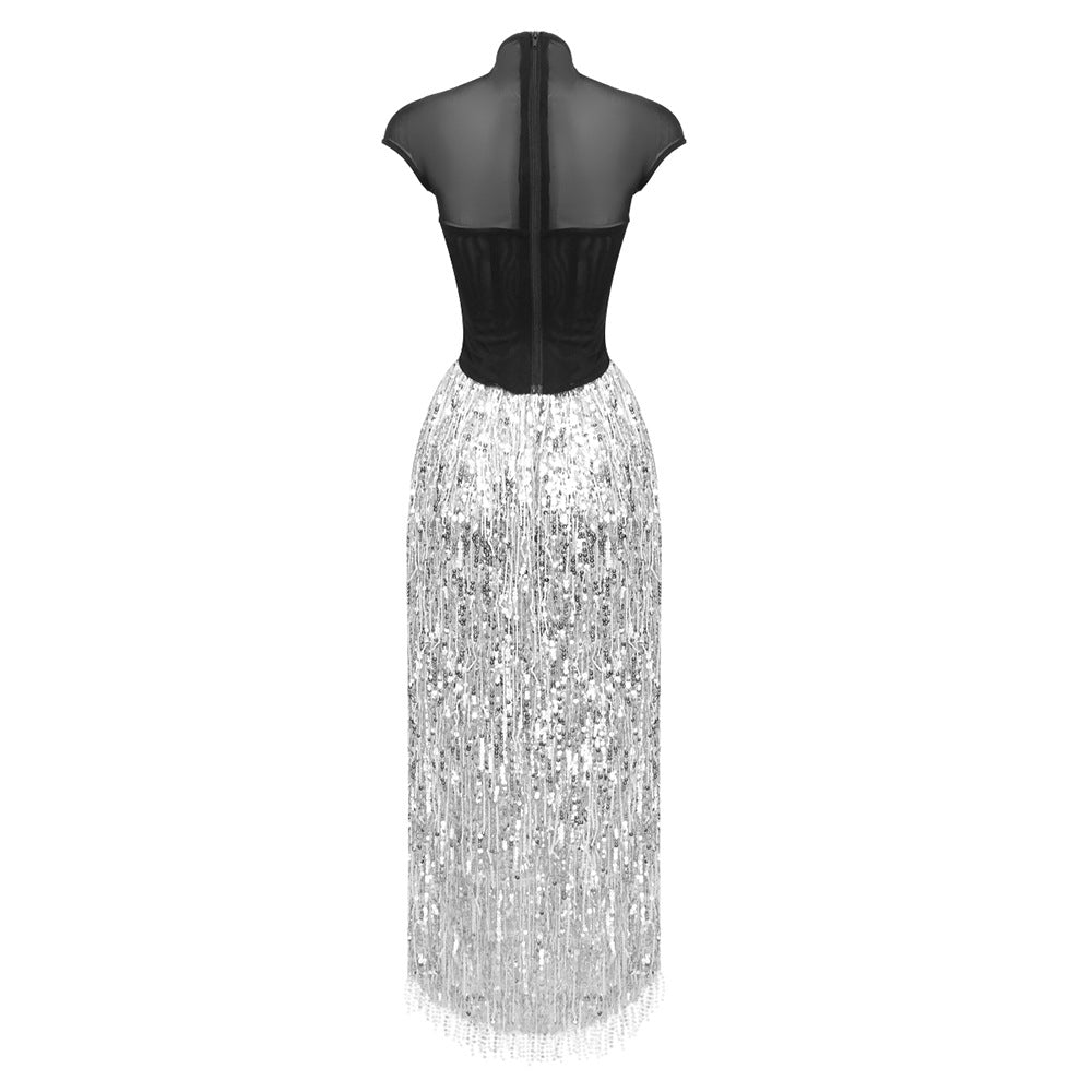 tassel sequin black corset maxi dress