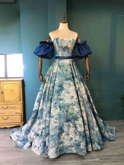 Unique A line satin prom dress