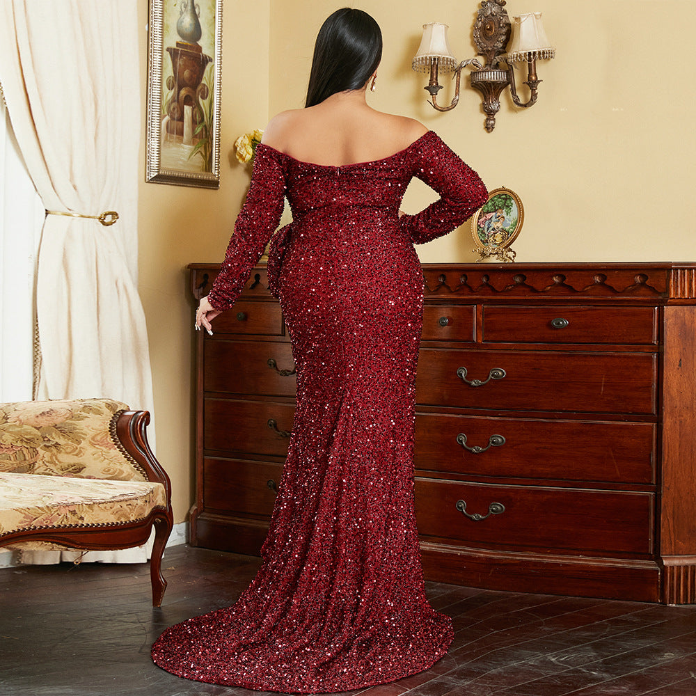 plus size bow sequin high slit starpless maxi dress