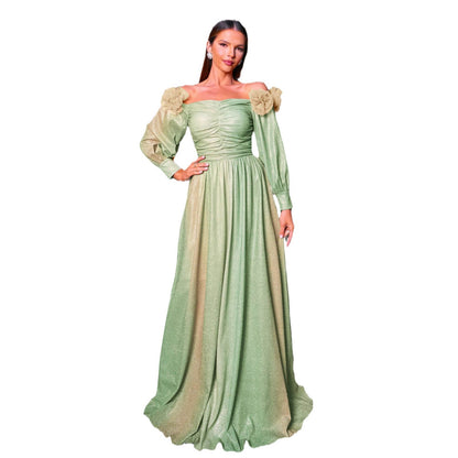 gradient green off-shoulder flower lantern sleeve maxi dress