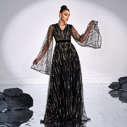 v-neck sequin applique tulle sleeve maxi dress in black