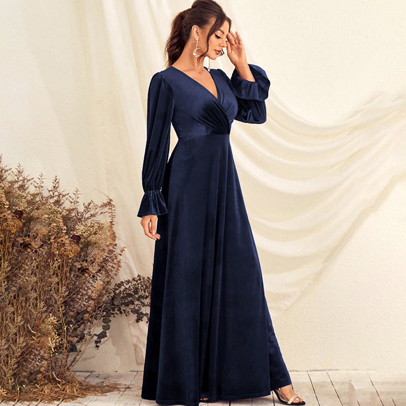 v-neck lantern sleeve satin maxi dress in dark blue