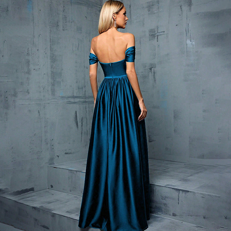 molly off shoulder ruched satin maxi dress in navy blue