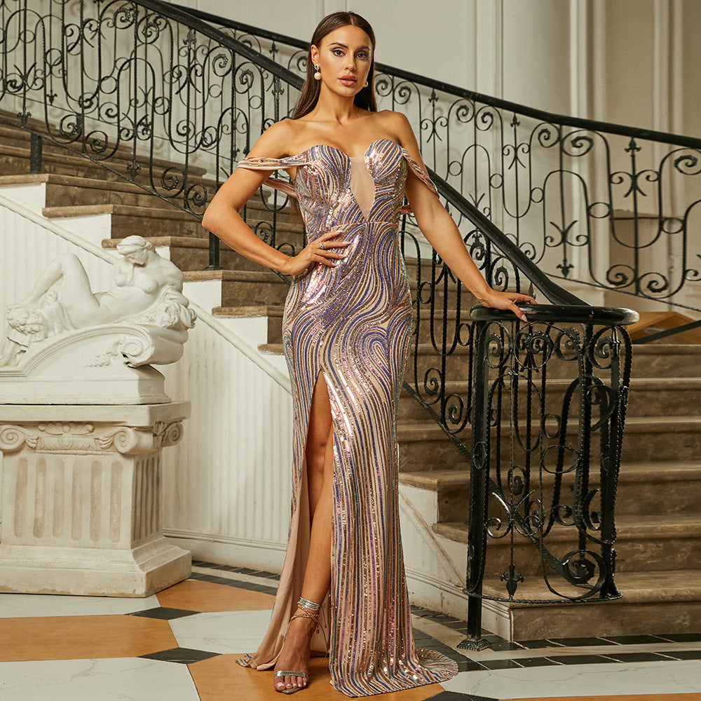 multicolor sequin stripe strapless high slit maxi dress