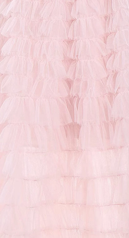 Pink Princess layer ruffle midi floral Embroidery strapless Dress