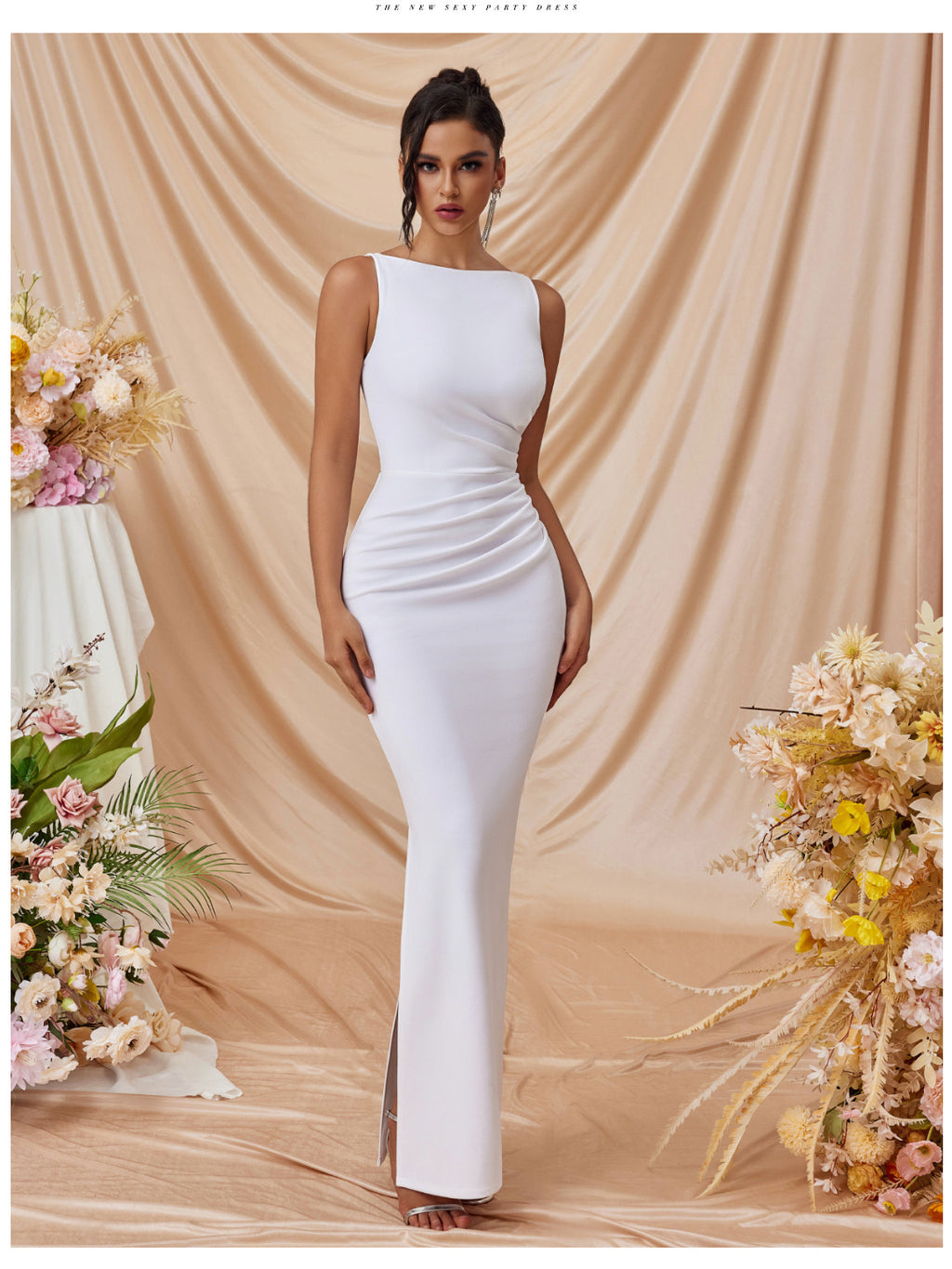 pleated Sleeveless solid color slit slim maxi dress