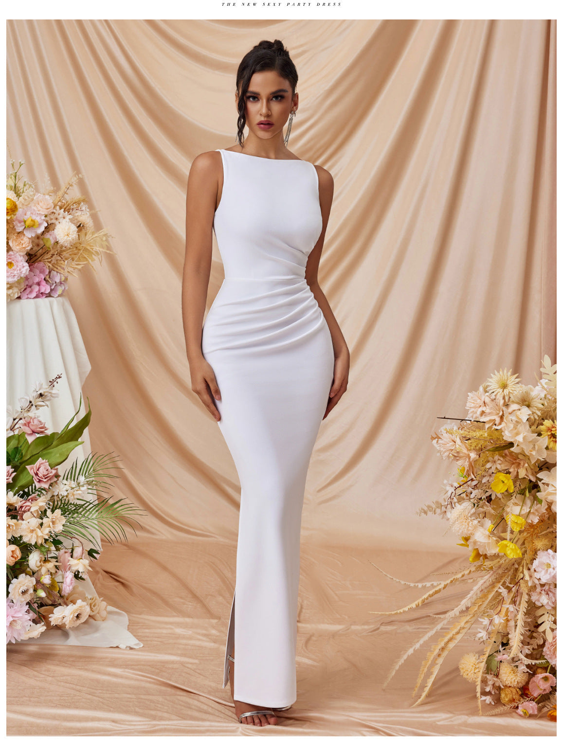 pleated Sleeveless solid color slit slim maxi dress