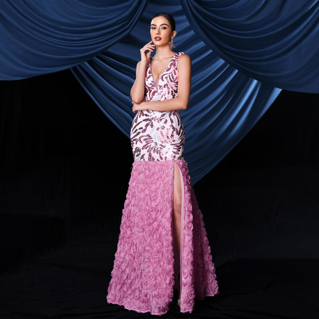 floral sequin split maxi dress in pink