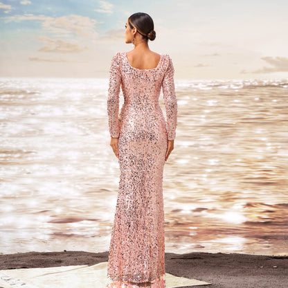 square neck long sleeve bodycon maxi dress in rose gold