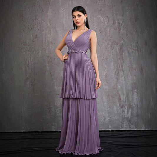v neck pleated sleeveless maxi dress in purple