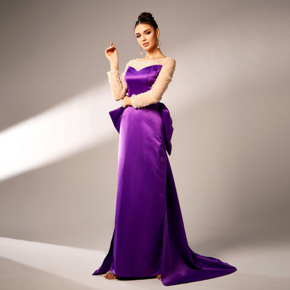 pearl embellished satin back bow detail maxi dress in purple