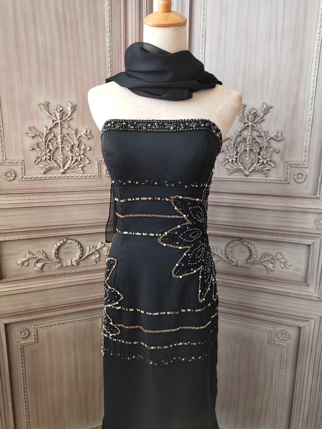 Black hand-beaded chiffon fishtail skirt