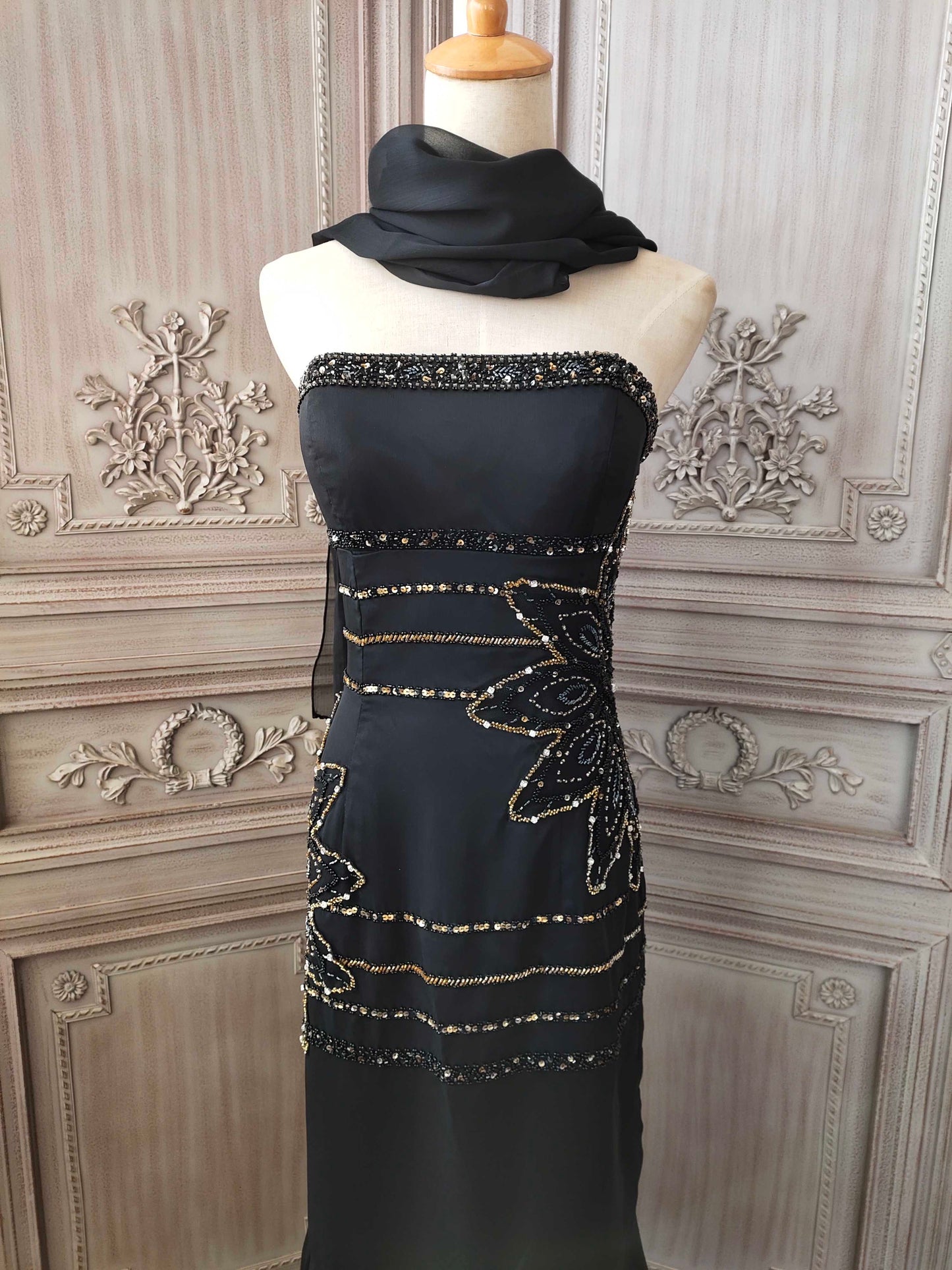 Black hand-beaded chiffon fishtail skirt