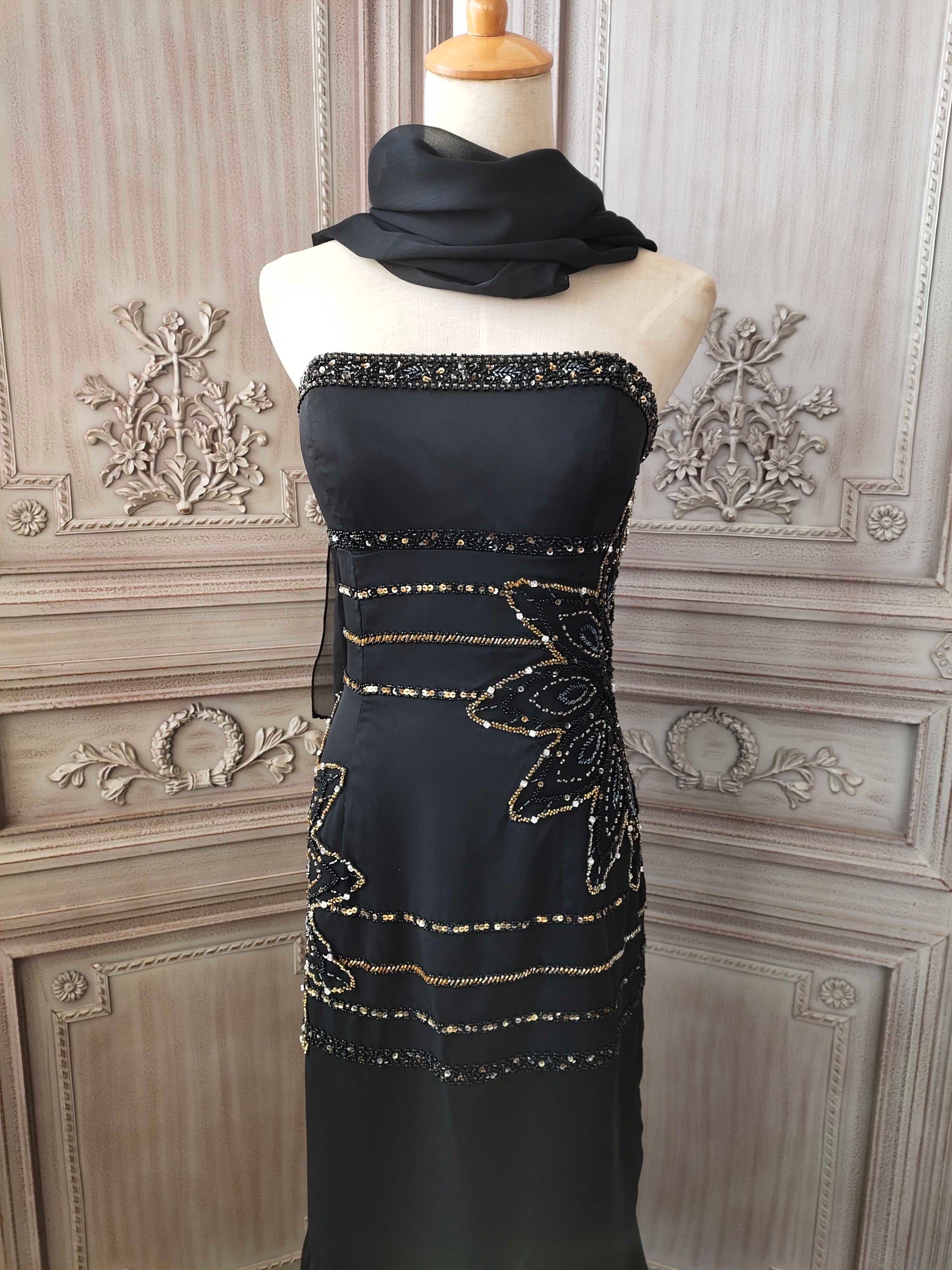 Black hand-beaded chiffon fishtail skirt