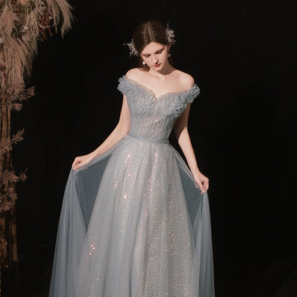 off-shoulder pleated sequin maxi dress in blue-gray