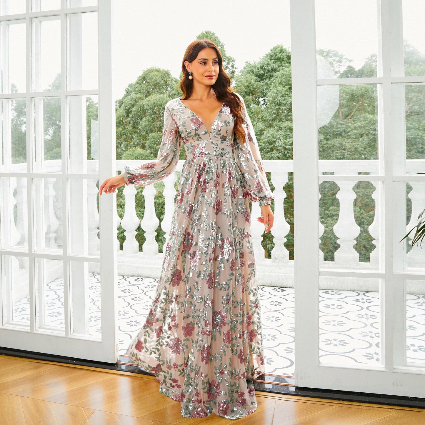 v neck sequin floral print puff sleeve maxi dress