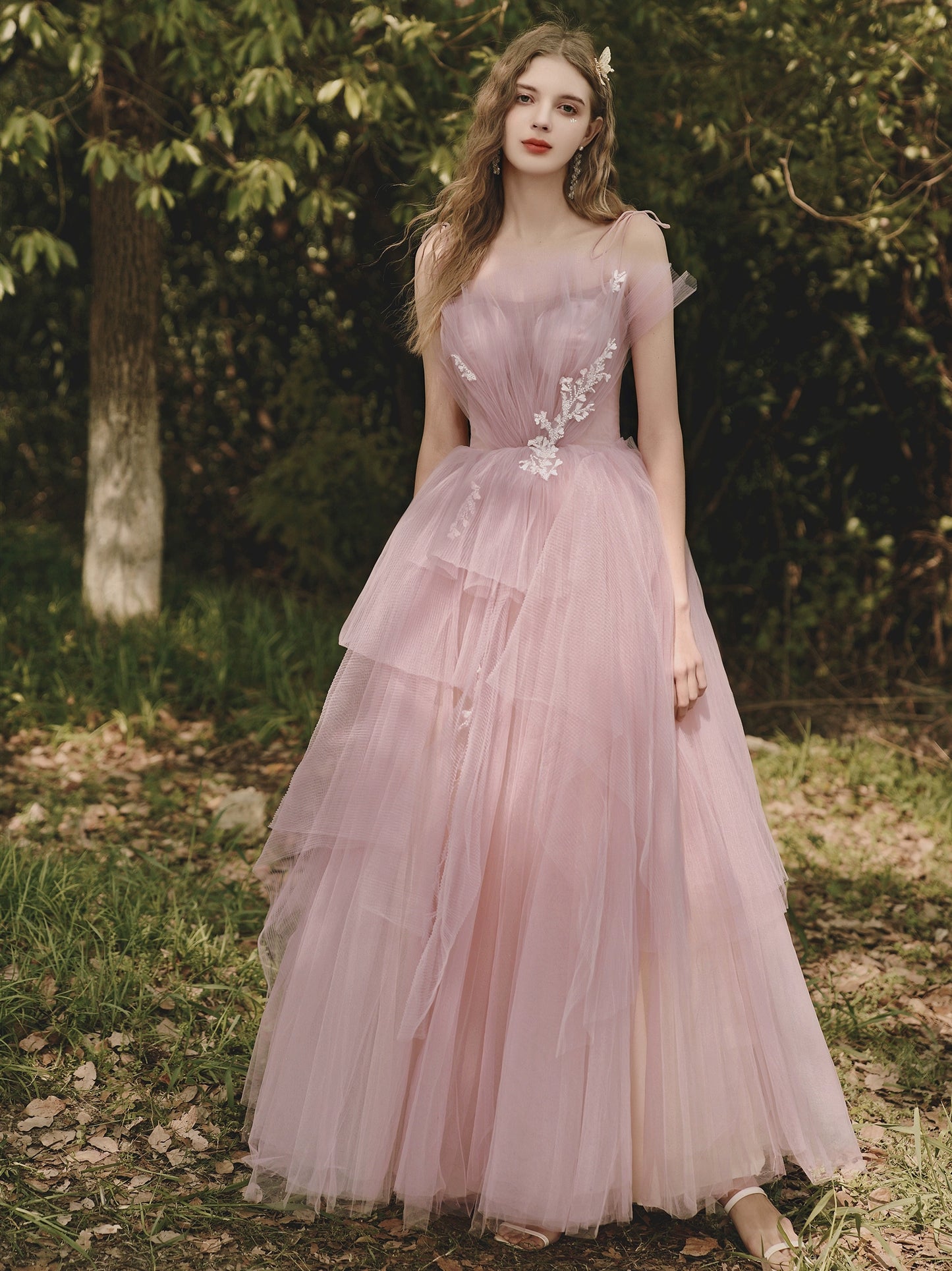 sequin floral applique tulle maxi dress in pink